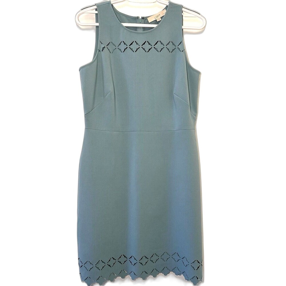 LOFT Petites 8P Teal Laser Cut Sheath Dress Sleeveless Work Career Stretch